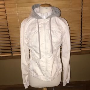 White jacket with gray hood